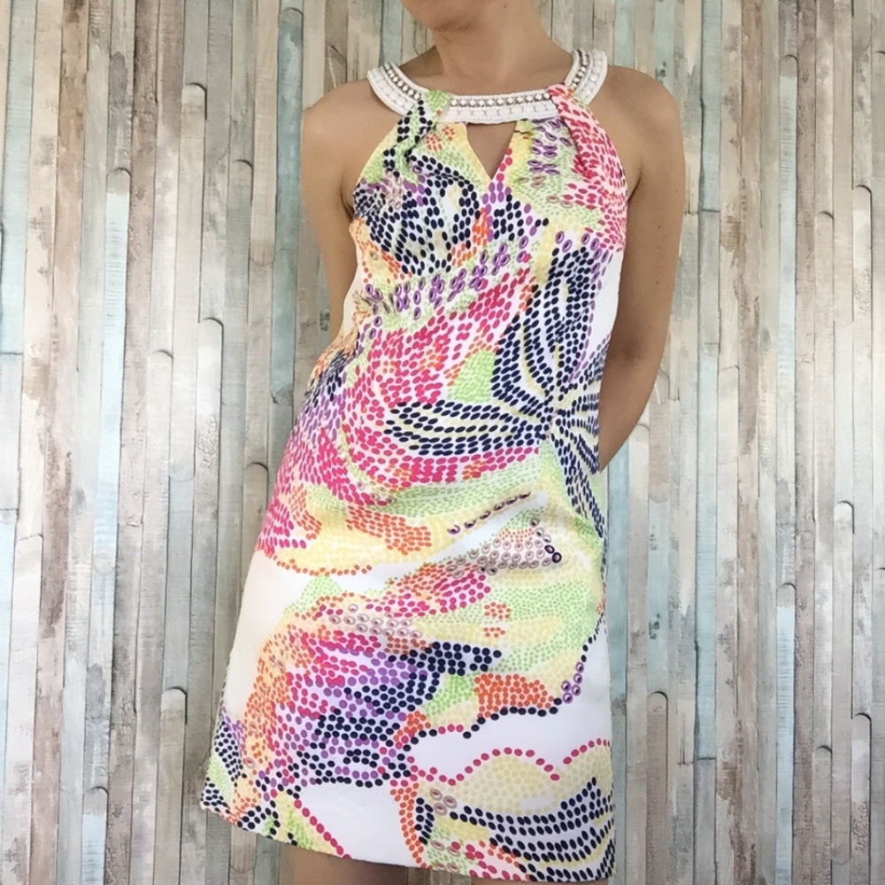 LAUNDRY BY SHELLI SEGAL JEWELED SCALLOPED DRESS